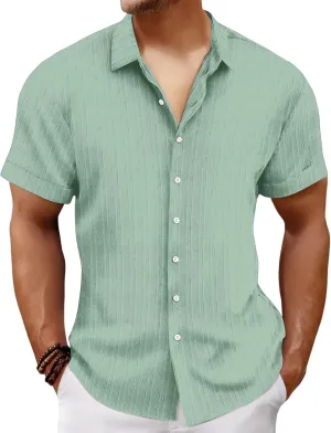 Mens Linen Button-Down Shirts Casual Loose Striped Jacquard Long Sleeve Beach Shirt