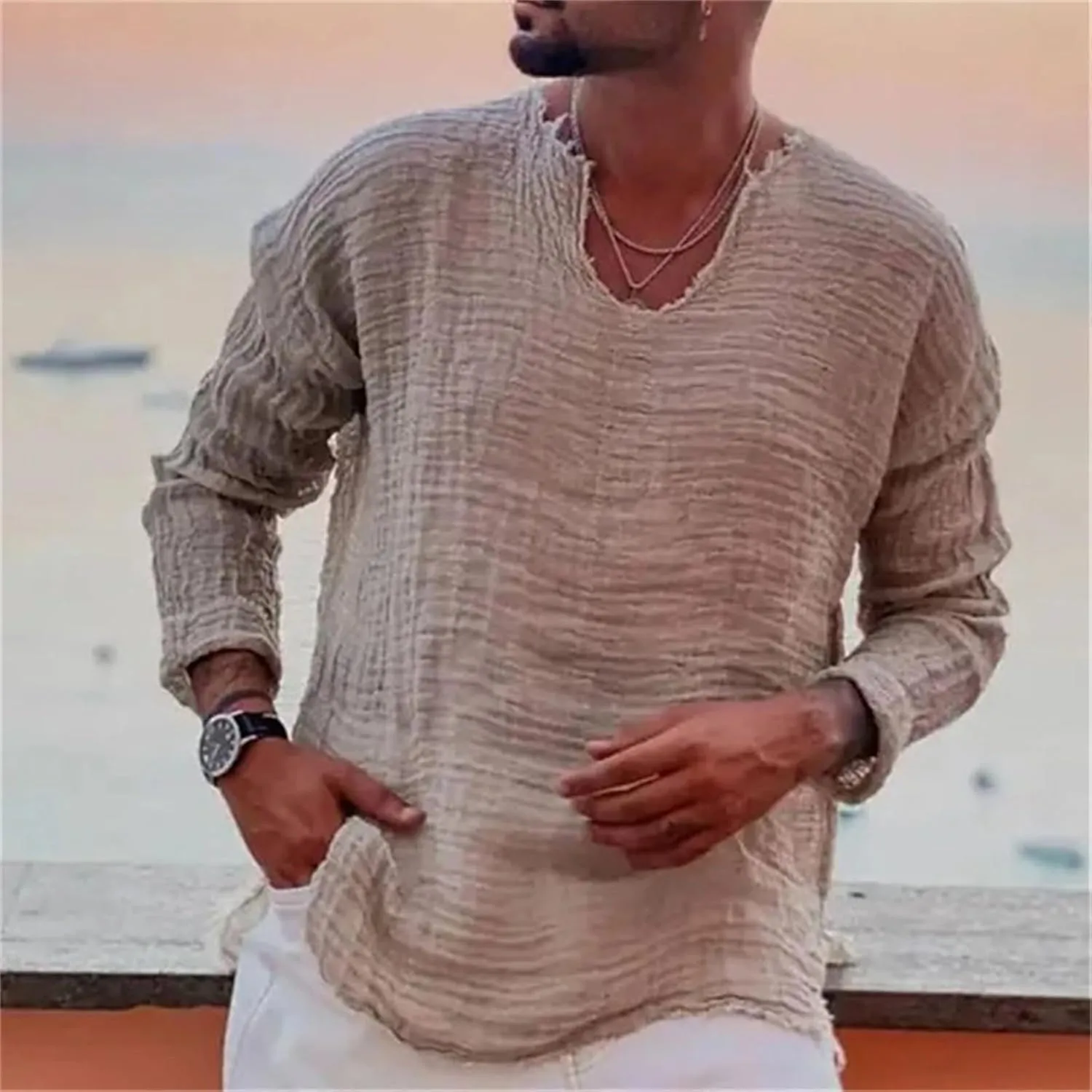 Men's Linen Long Sleeve Shirts Casual Loose V-Neck Washed Water Frayed Raw Edge T-Shirt Yoga Summer Beach Tops