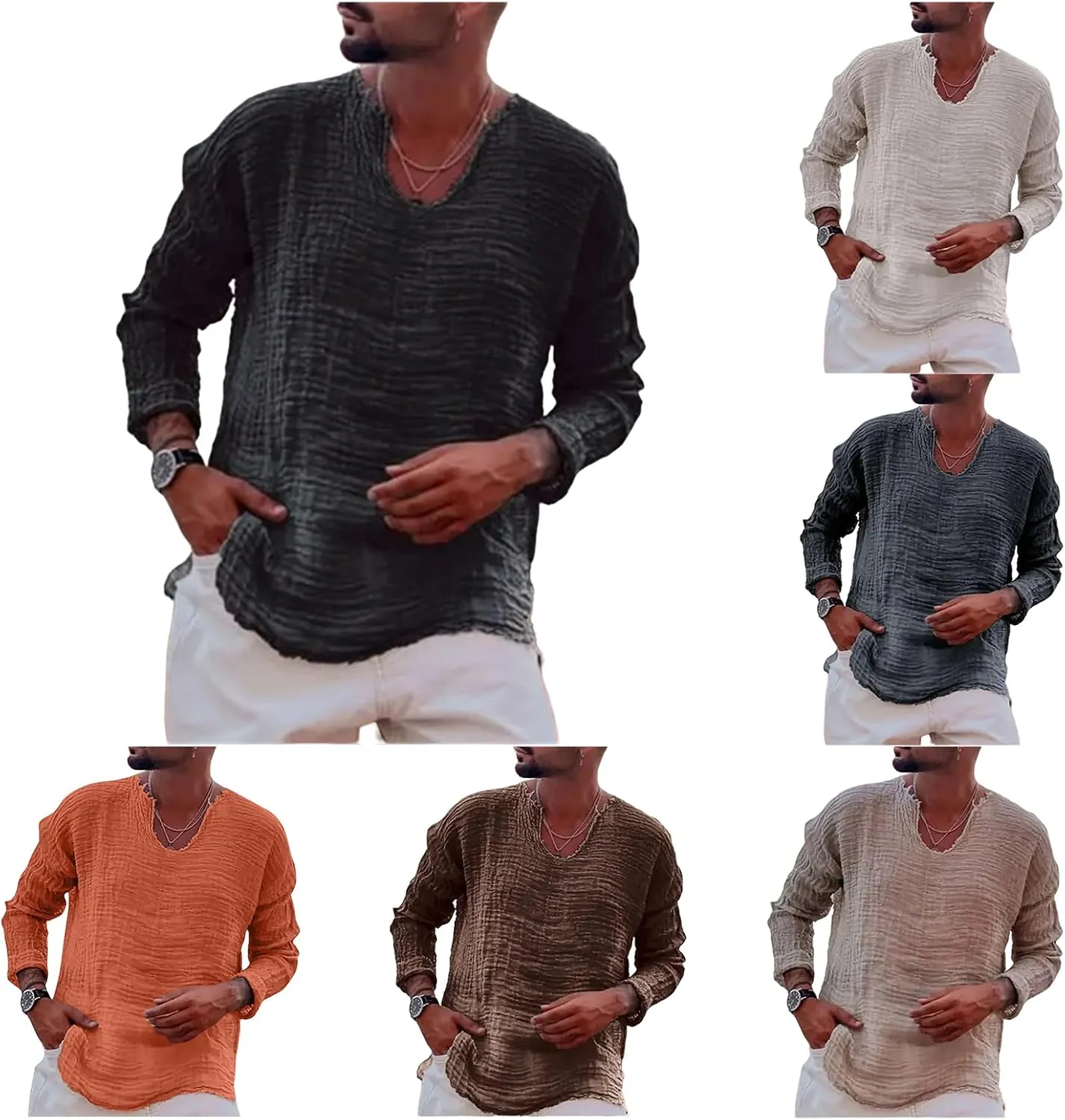 Men's Linen Long Sleeve Shirts Casual Loose V-Neck Washed Water Frayed Raw Edge T-Shirt Yoga Summer Beach Tops