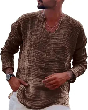 Men's Linen Long Sleeve Shirts Casual Loose V-Neck Washed Water Frayed Raw Edge T-Shirt Yoga Summer Beach Tops