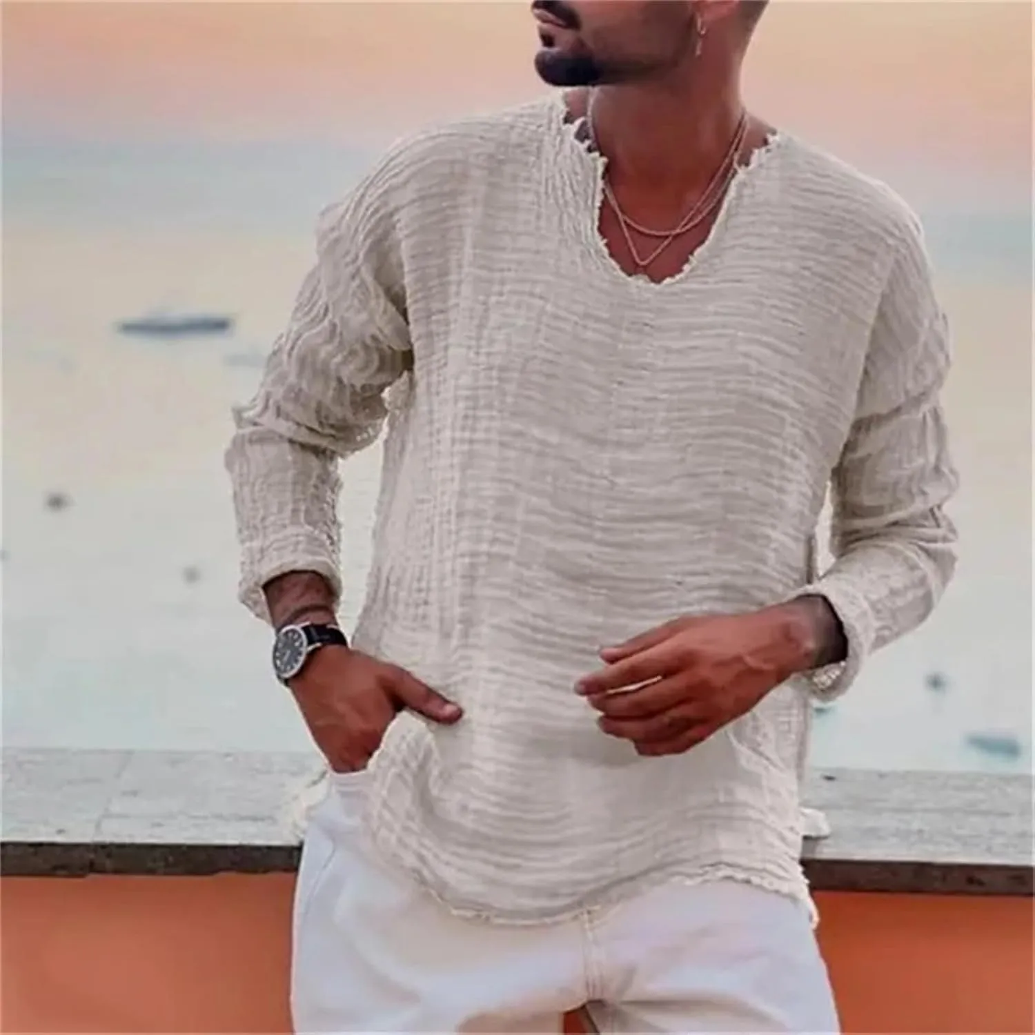 Men's Linen Long Sleeve Shirts Casual Loose V-Neck Washed Water Frayed Raw Edge T-Shirt Yoga Summer Beach Tops