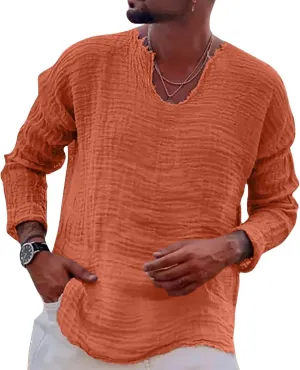 Men's Linen Long Sleeve Shirts Casual Loose V-Neck Washed Water Frayed Raw Edge T-Shirt Yoga Summer Beach Tops