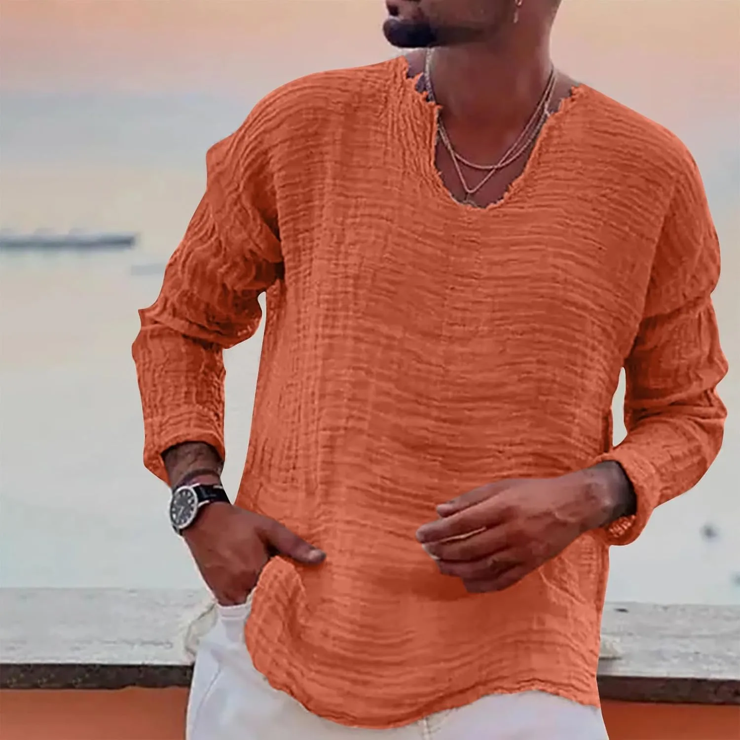 Men's Linen Long Sleeve Shirts Casual Loose V-Neck Washed Water Frayed Raw Edge T-Shirt Yoga Summer Beach Tops