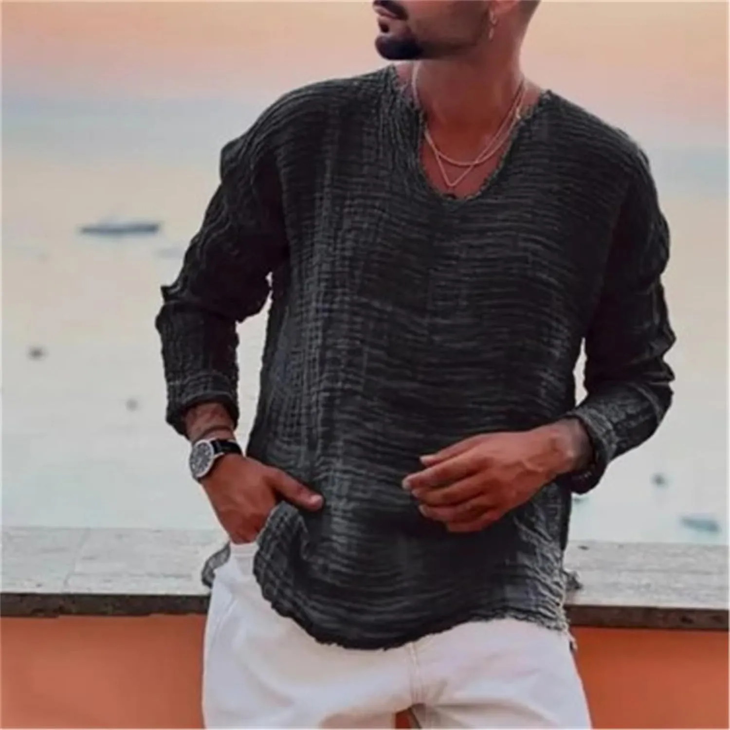 Men's Linen Long Sleeve Shirts Casual Loose V-Neck Washed Water Frayed Raw Edge T-Shirt Yoga Summer Beach Tops