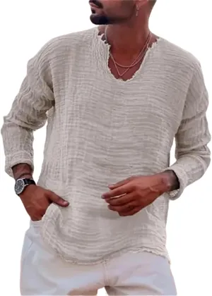 Men's Linen Long Sleeve Shirts Casual Loose V-Neck Washed Water Frayed Raw Edge T-Shirt Yoga Summer Beach Tops
