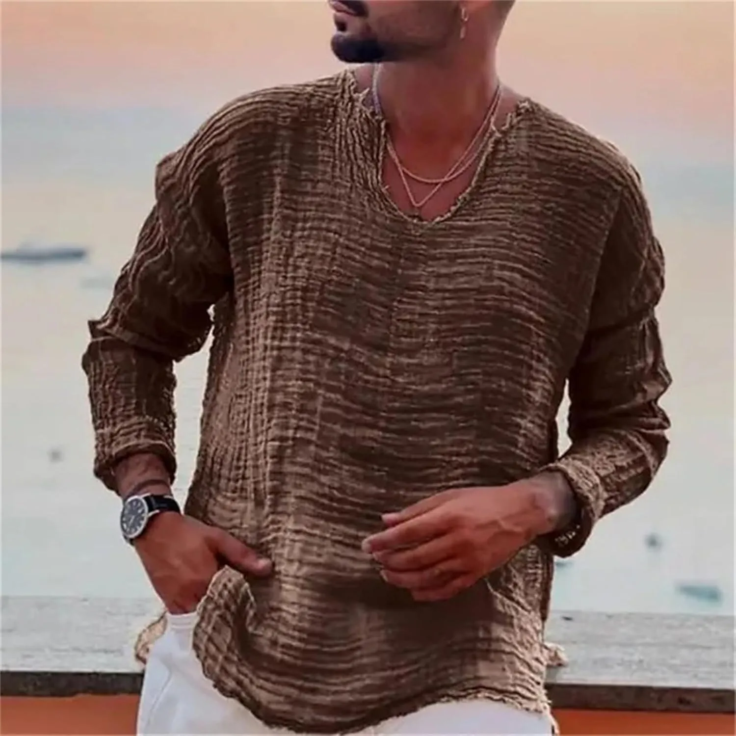 Men's Linen Long Sleeve Shirts Casual Loose V-Neck Washed Water Frayed Raw Edge T-Shirt Yoga Summer Beach Tops