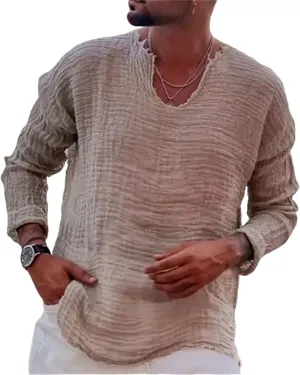 Men's Linen Long Sleeve Shirts Casual Loose V-Neck Washed Water Frayed Raw Edge T-Shirt Yoga Summer Beach Tops