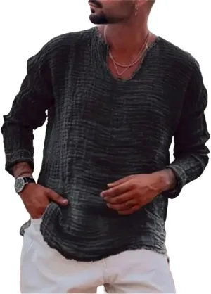 Men's Linen Long Sleeve Shirts Casual Loose V-Neck Washed Water Frayed Raw Edge T-Shirt Yoga Summer Beach Tops