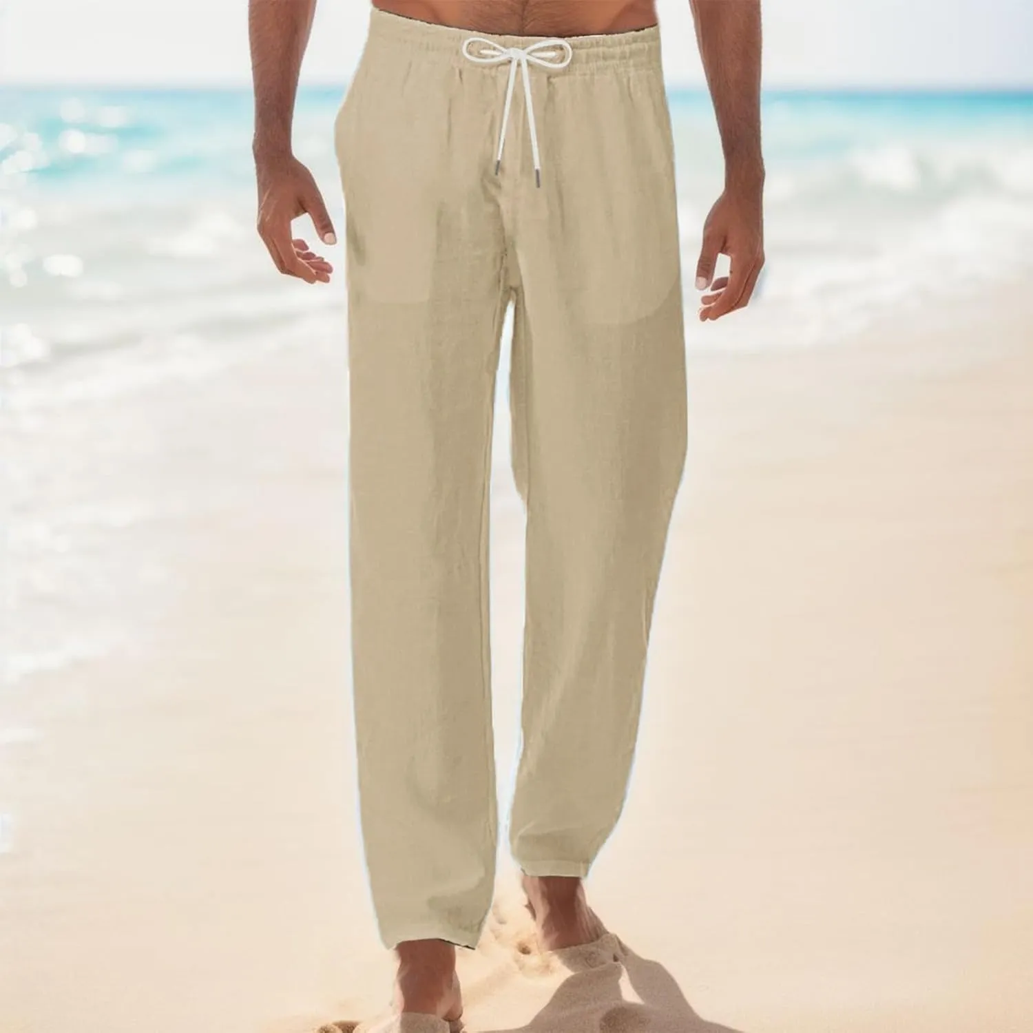 Mens Linen Pants Loose Fit Lightweight Sweatpants Casual Wide Leg Breathable Drawstring Waist Summer Beach Trousers