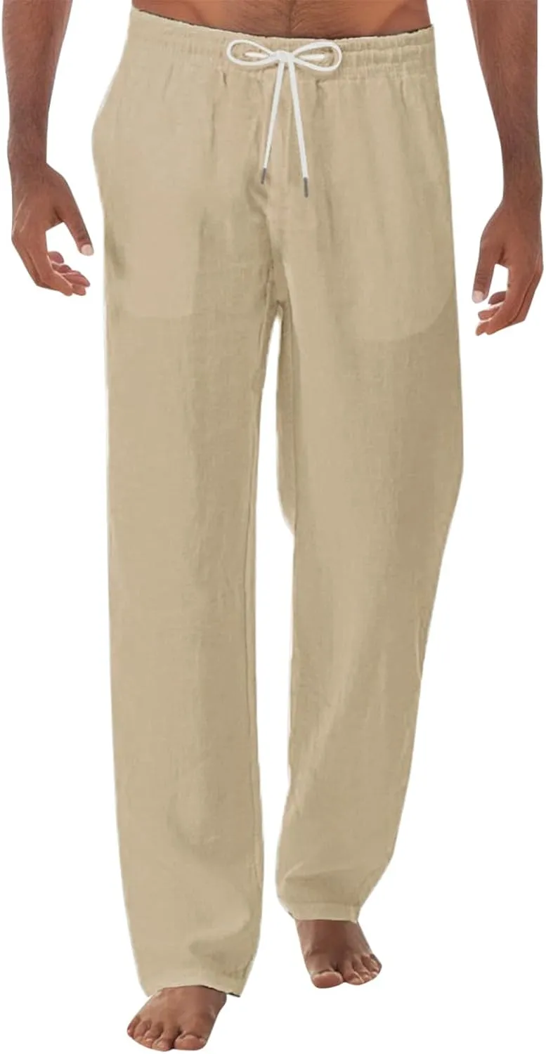 Mens Linen Pants Loose Fit Lightweight Sweatpants Casual Wide Leg Breathable Drawstring Waist Summer Beach Trousers