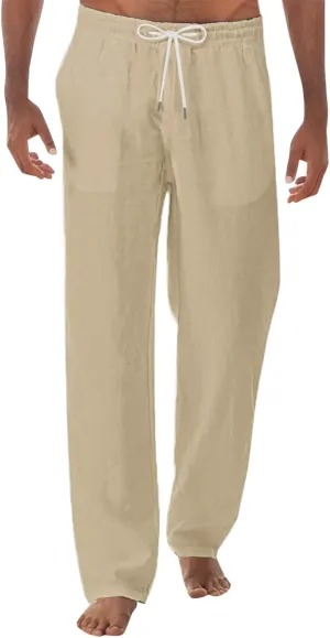 Mens Linen Pants Loose Fit Lightweight Sweatpants Casual Wide Leg Breathable Drawstring Waist Summer Beach Trousers