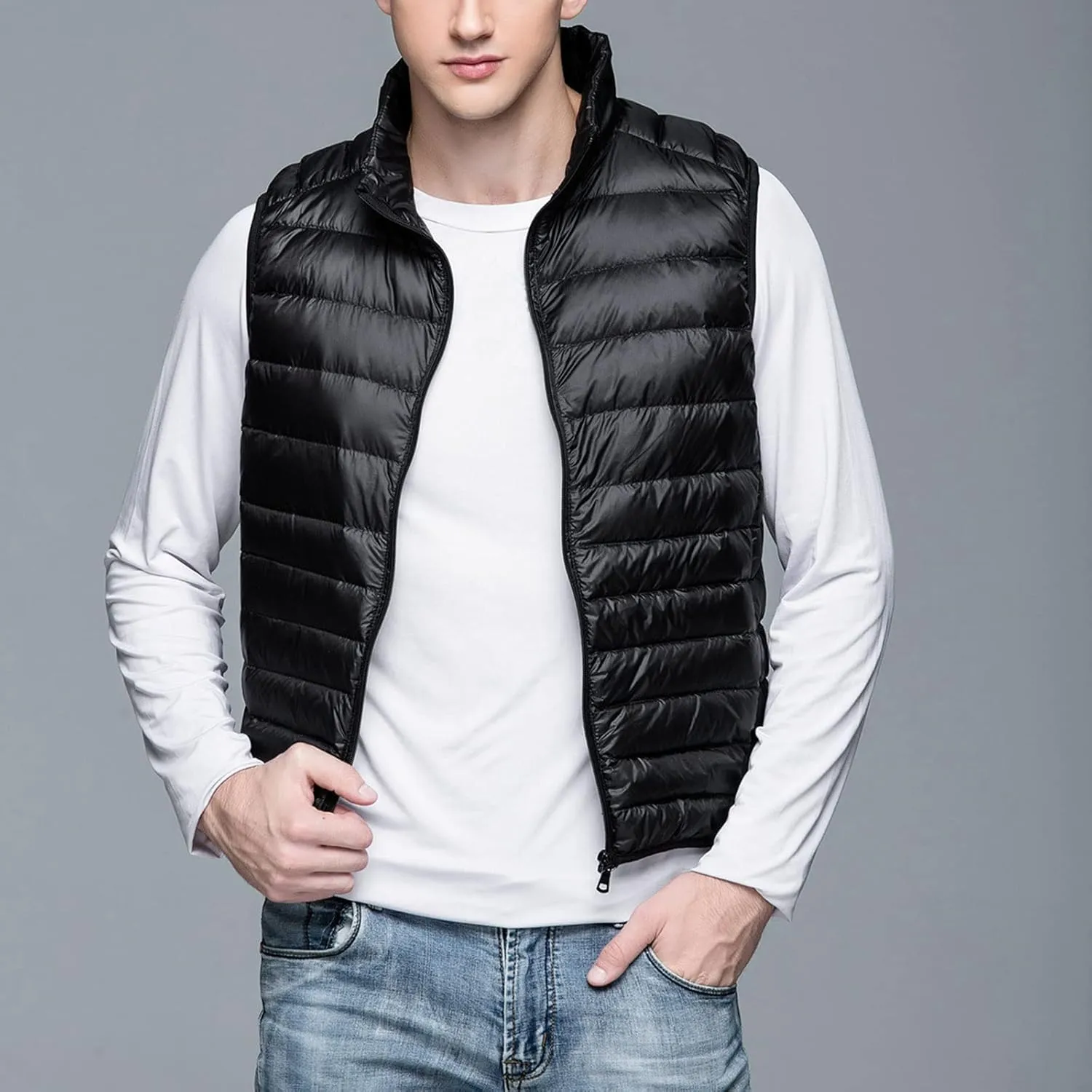 Men's Puffer Vest Lightweight Sleeveless Jacket Full Zipper Outerwear Coats Warm Outdoor Down Vest with Pockets