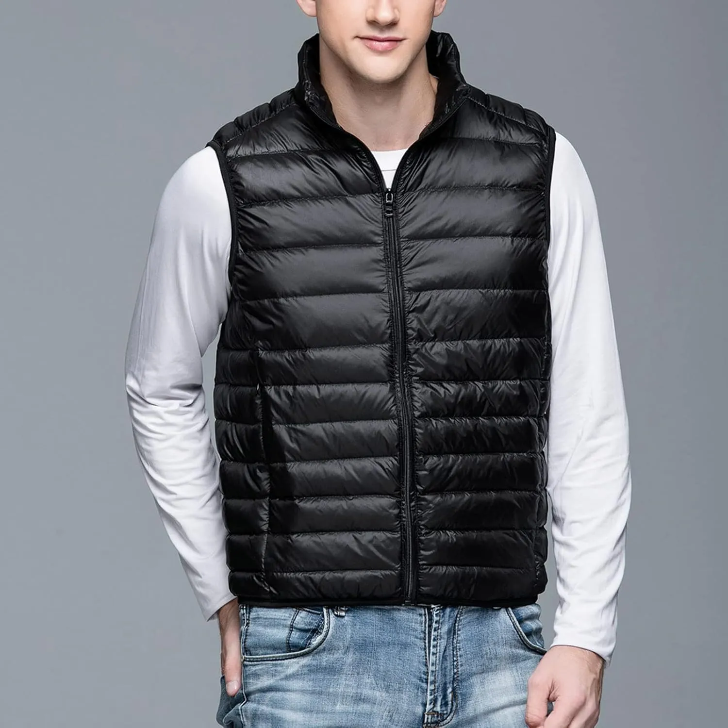 Men's Puffer Vest Lightweight Sleeveless Jacket Full Zipper Outerwear Coats Warm Outdoor Down Vest with Pockets