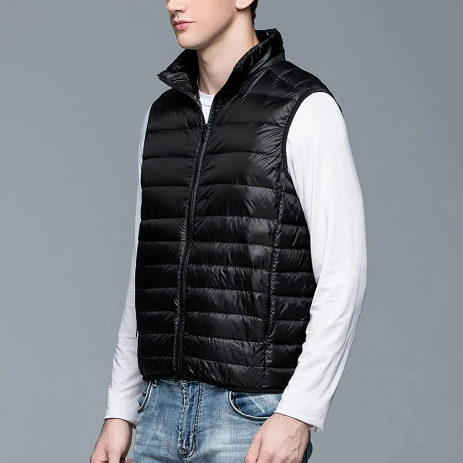 Men's Puffer Vest Lightweight Sleeveless Jacket Full Zipper Outerwear Coats Warm Outdoor Down Vest with Pockets