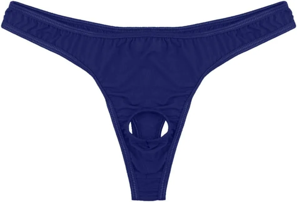 Men's Sexy Thong Ice Silk Open Front Hole Briefs Bulge Pouch Panties Low Waist Transparent Underwear Micro Bikini Navy