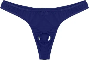 Men's Sexy Thong Ice Silk Open Front Hole Briefs Bulge Pouch Panties Low Waist Transparent Underwear Micro Bikini Navy