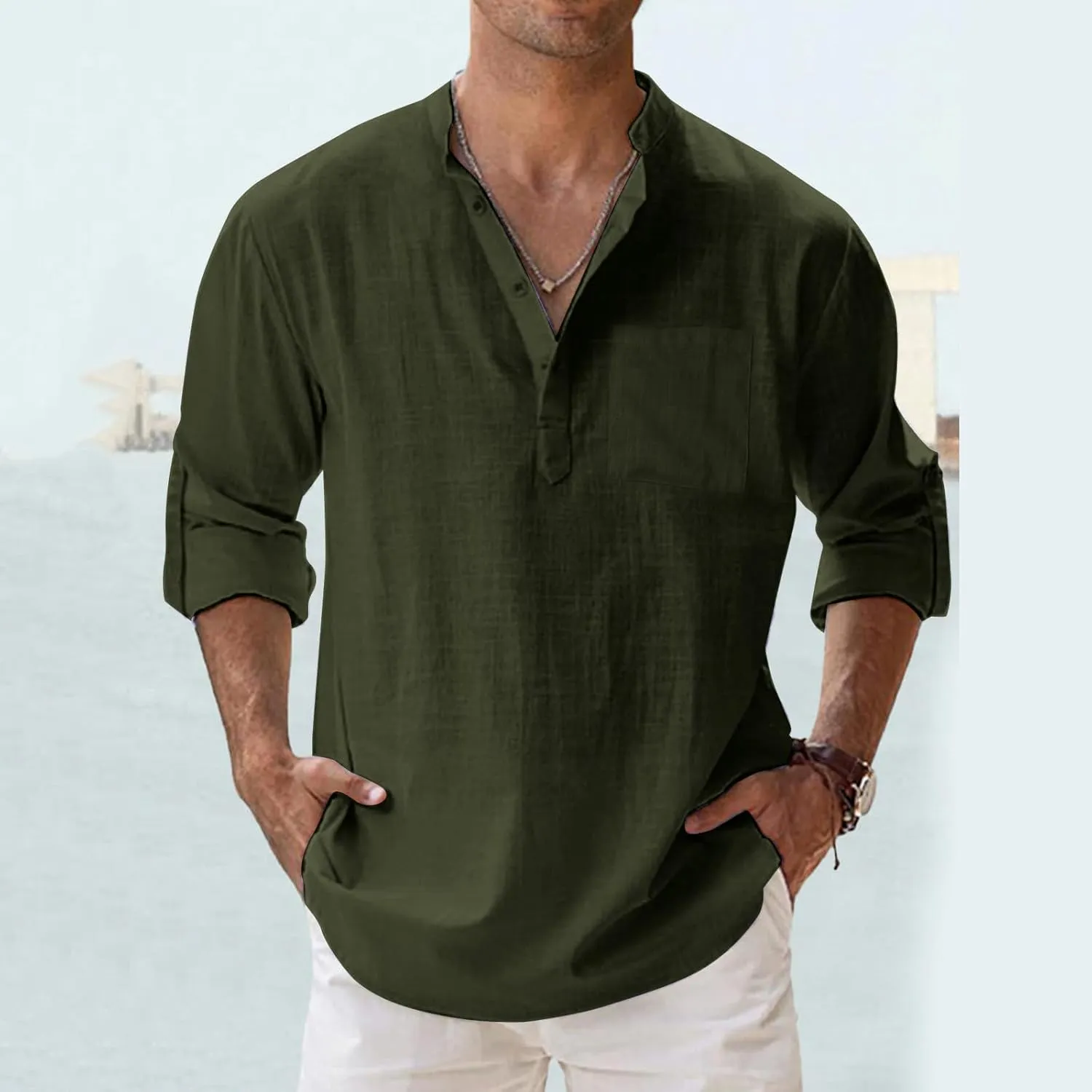 Mens Shirts Casual Cotton Linen Henley Long Sleeve Tee Deep V Neck Button Down Lightweight Beach Vacation Clothes