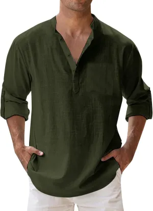 Mens Shirts Casual Cotton Linen Henley Long Sleeve Tee Deep V Neck Button Down Lightweight Beach Vacation Clothes