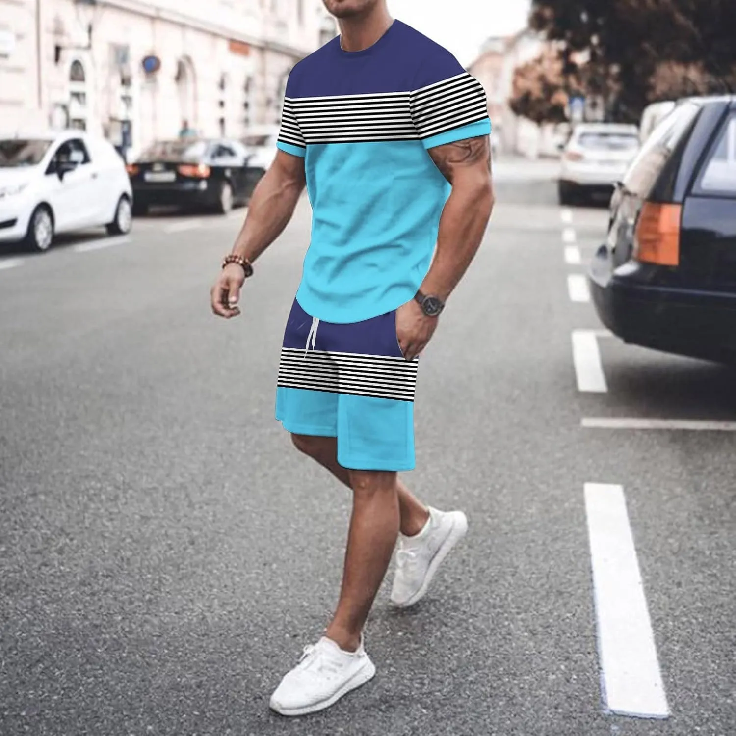Mens Shirts Casual Stylish 2 Piece Outfits Summer Muscle Short Sleeve Tee Shirts and Classic Fit Sport Shorts Set Tracksuit