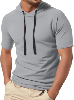 Mens Short Sleeve Muscle Hoodies Slim Fit Fitness Gym Workout Athletic Tee Pullover Casual Loose Fashion T-Shirts