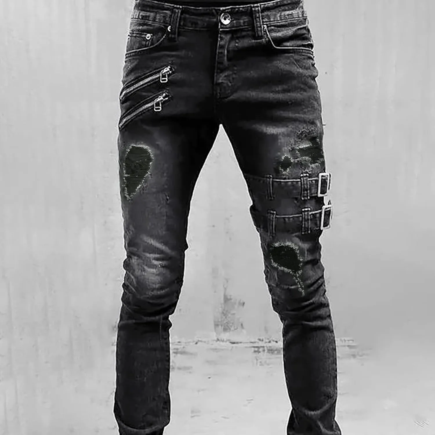 Mens Skinny Jeans Stretch Fit Hip Hop Ripped Jeans Casual Fashion Slim Fit Moto Biker Washed Cargo Denim Pants Streetwear