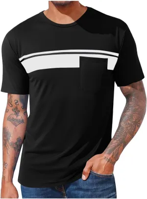 Mens Striped Color Block T-Shirt Short Sleeve Casual Crew Neck Summer Athletic Tee Shirts Pullover Top with Pocket