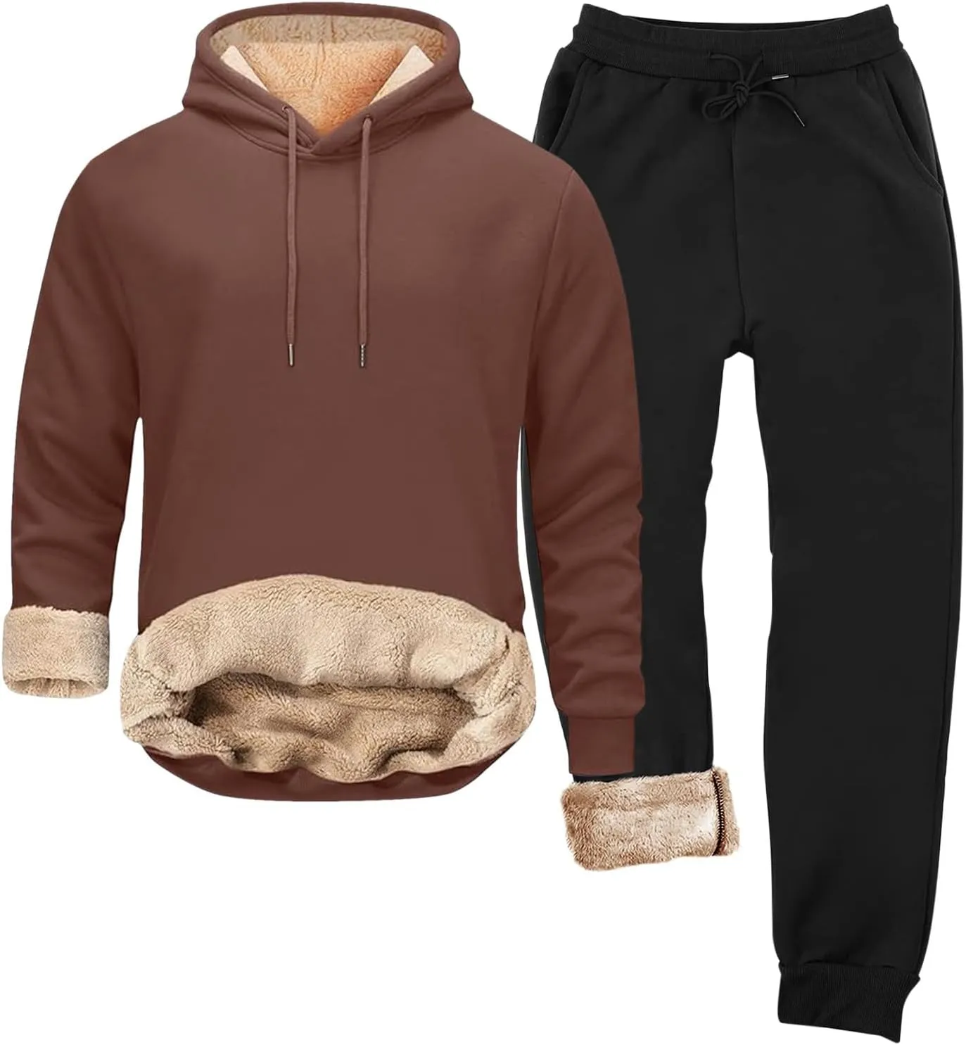 Mens Sweatsuit Sherpa Lined 2 Piece Hooded Sweatshirts Set Pullover Tops Fleece Sweatpants Winter Thermal Tracksuits