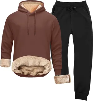 Mens Sweatsuit Sherpa Lined 2 Piece Hooded Sweatshirts Set Pullover Tops Fleece Sweatpants Winter Thermal Tracksuits