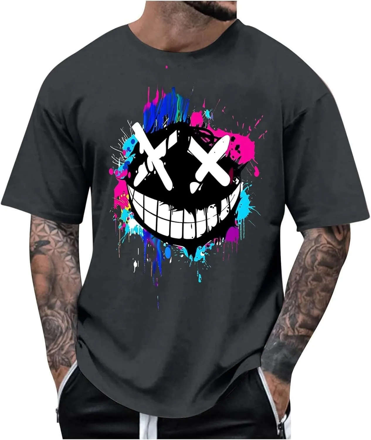 Mens T-Shirts Funny Smile Graphic Tees Hip Hop Short Sleeve Casual Pullover Crewneck Tops Sport Tee Shirts Streetwear