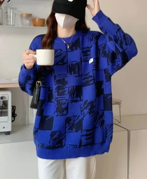 Metaversmall Thickened Embroidery Cartoon Plaid Sweater Women Autumn Winter Japanese Preppy Style Soft Women Top Blue Yellow Pullover