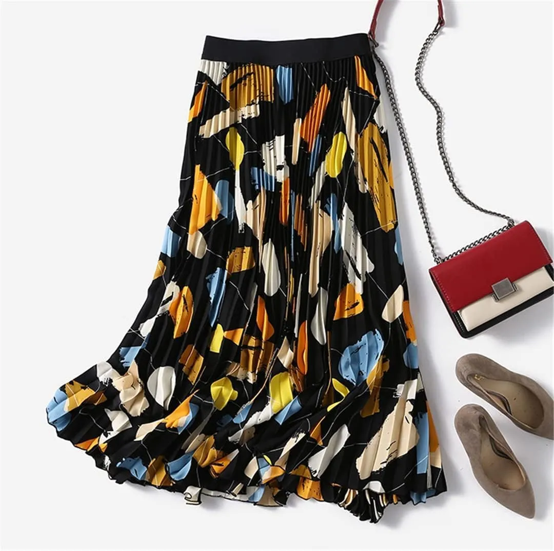 Midi Pleated Skirt for Women High Waist A-Line Print Skirt for Spring Summer