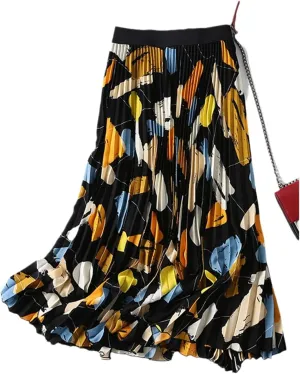 Midi Pleated Skirt for Women High Waist A-Line Print Skirt for Spring Summer