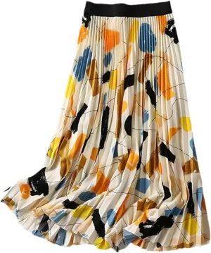 Midi Pleated Skirt for Women High Waist A-Line Print Skirt for Spring Summer