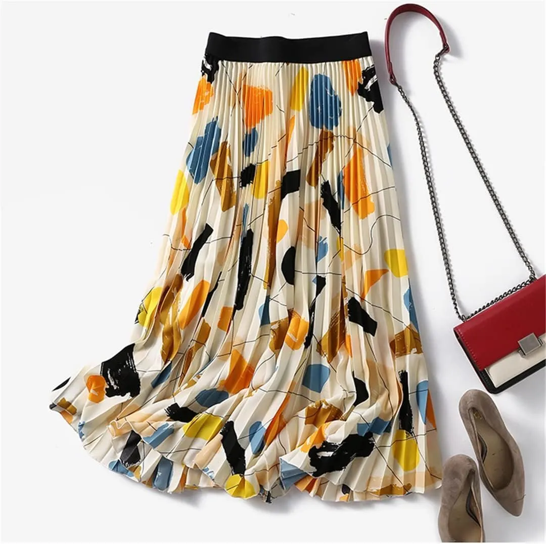 Midi Pleated Skirt for Women High Waist A-Line Print Skirt for Spring Summer