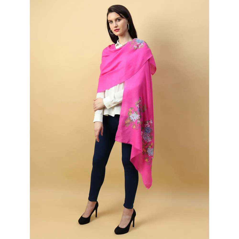 Modarta By Kamakshi Fuschia Pink Shawl Pure Pashmina With Hand Embroidered Lotus Garden Pattern