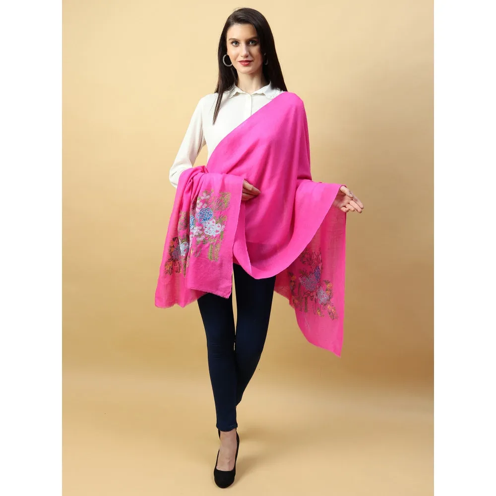 Modarta By Kamakshi Fuschia Pink Shawl Pure Pashmina With Hand Embroidered Lotus Garden Pattern