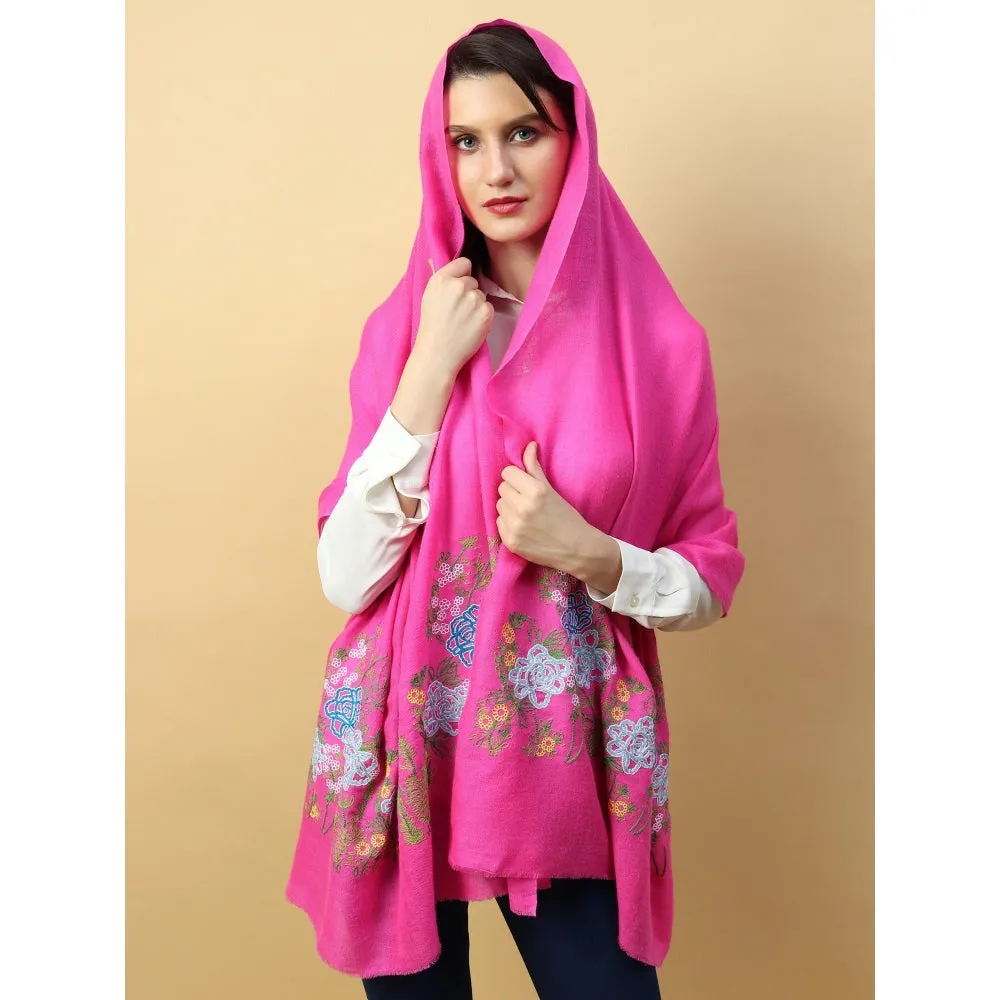 Modarta By Kamakshi Fuschia Pink Shawl Pure Pashmina With Hand Embroidered Lotus Garden Pattern