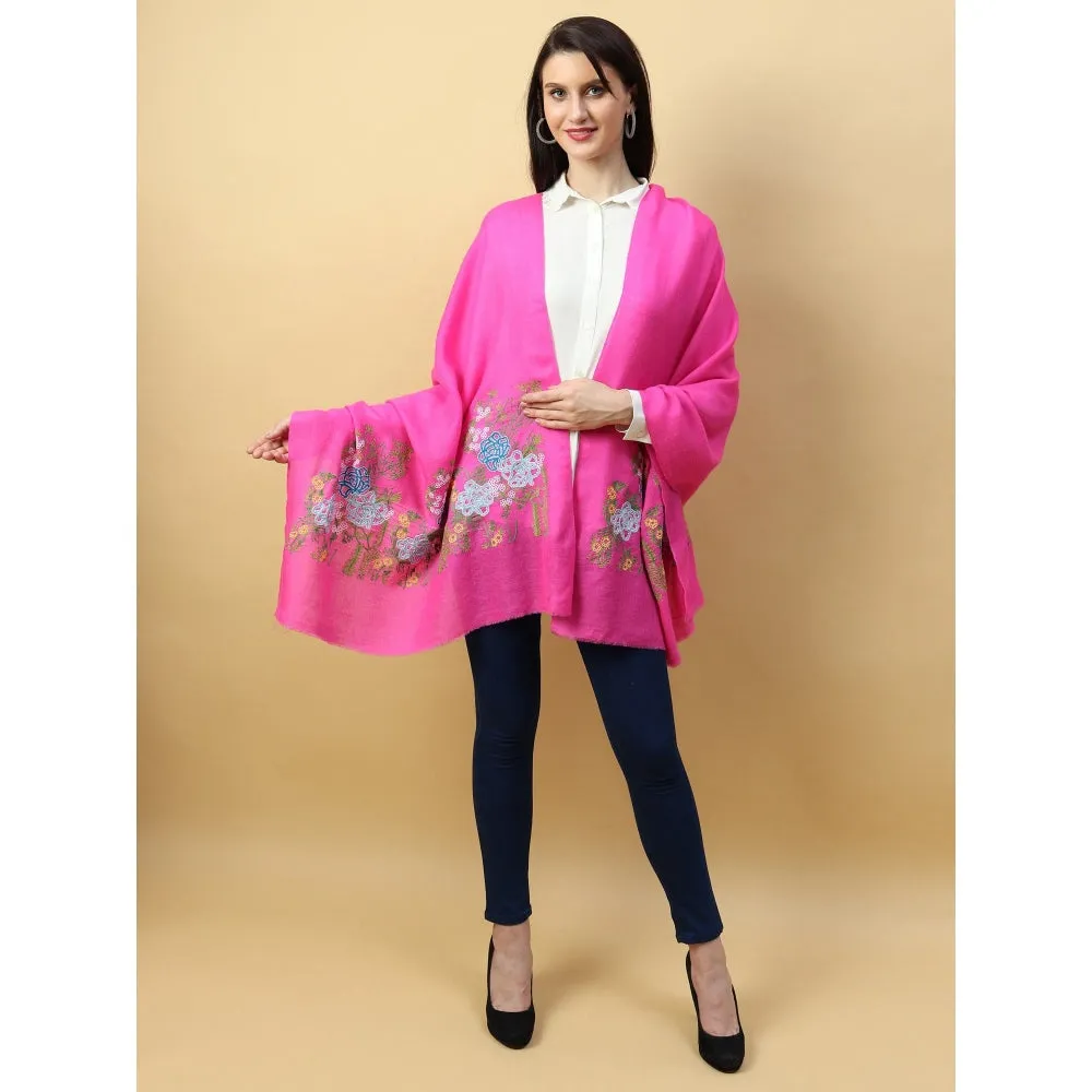 Modarta By Kamakshi Fuschia Pink Shawl Pure Pashmina With Hand Embroidered Lotus Garden Pattern