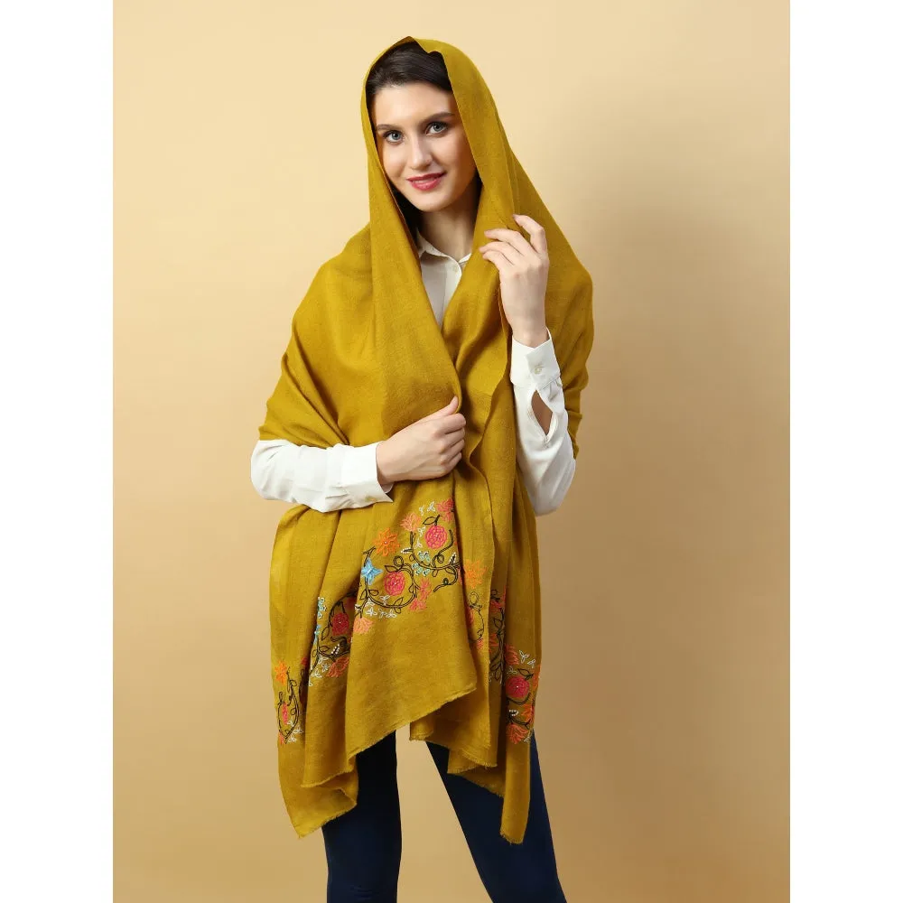Modarta By Kamakshi Yellow Shawl Pure Pashmina Shawl Hand Embroidered With Floral Pearl Pattern