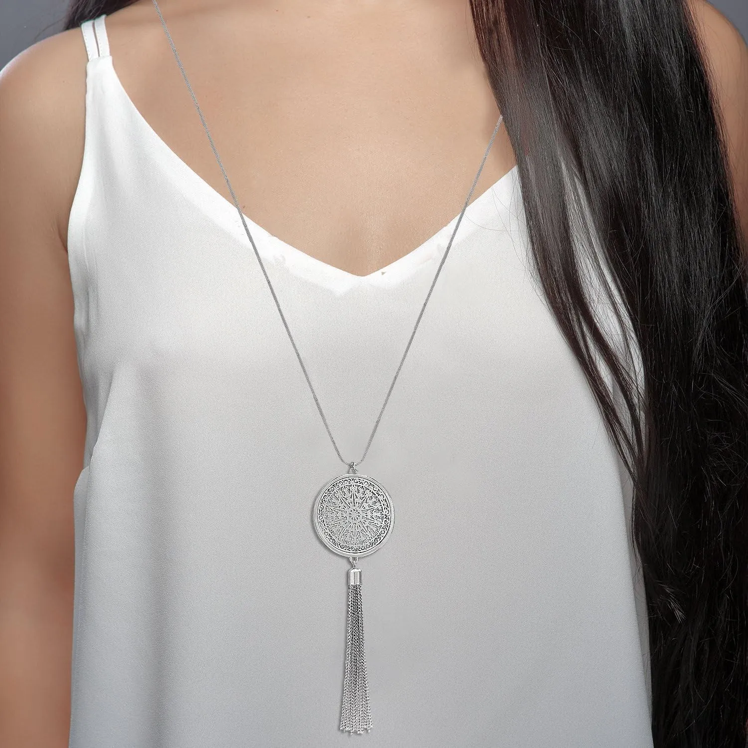 MOLOCH Long Necklaces For Woman Disk Circle Pendant Necklaces Tassel Fringe Necklace Set Statement Pendant
