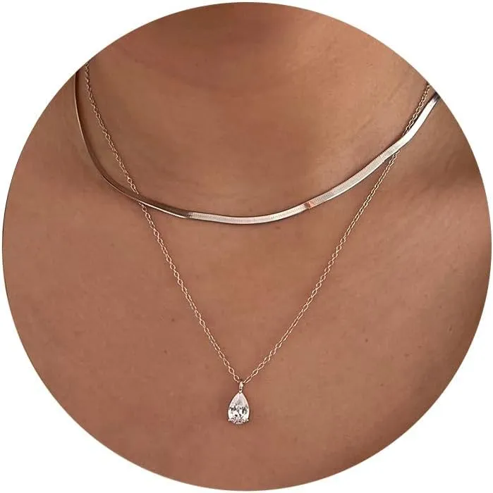 Moodear Silver Layered Herringbone Necklaces for Women Trendy 925 Sterling Silver Necklace Snake Necklace Stack Dainty Zirconia Pendant Necklace Choker Necklaces for Women Jewelry Gifts