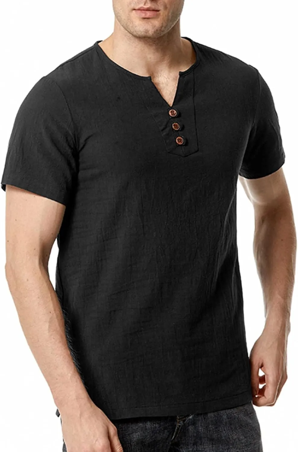 Muscularfit Henley Shirts for Men Short Sleeve Cotton Linen T Shirt Summer Casual Stylish Regular-Fit Chest Pocketed Tees
