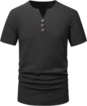 Muscularfit Henley Shirts for Men Short Sleeve Cotton Linen T Shirt Summer Casual Stylish Regular-Fit Chest Pocketed Tees
