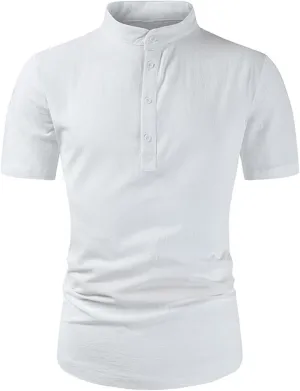 Muscularfit Men's Casual Button-Down Shirts Stylish Short Sleeve Ruched Summer Top Light Weight Cotton Linen Basic Work Shirt
