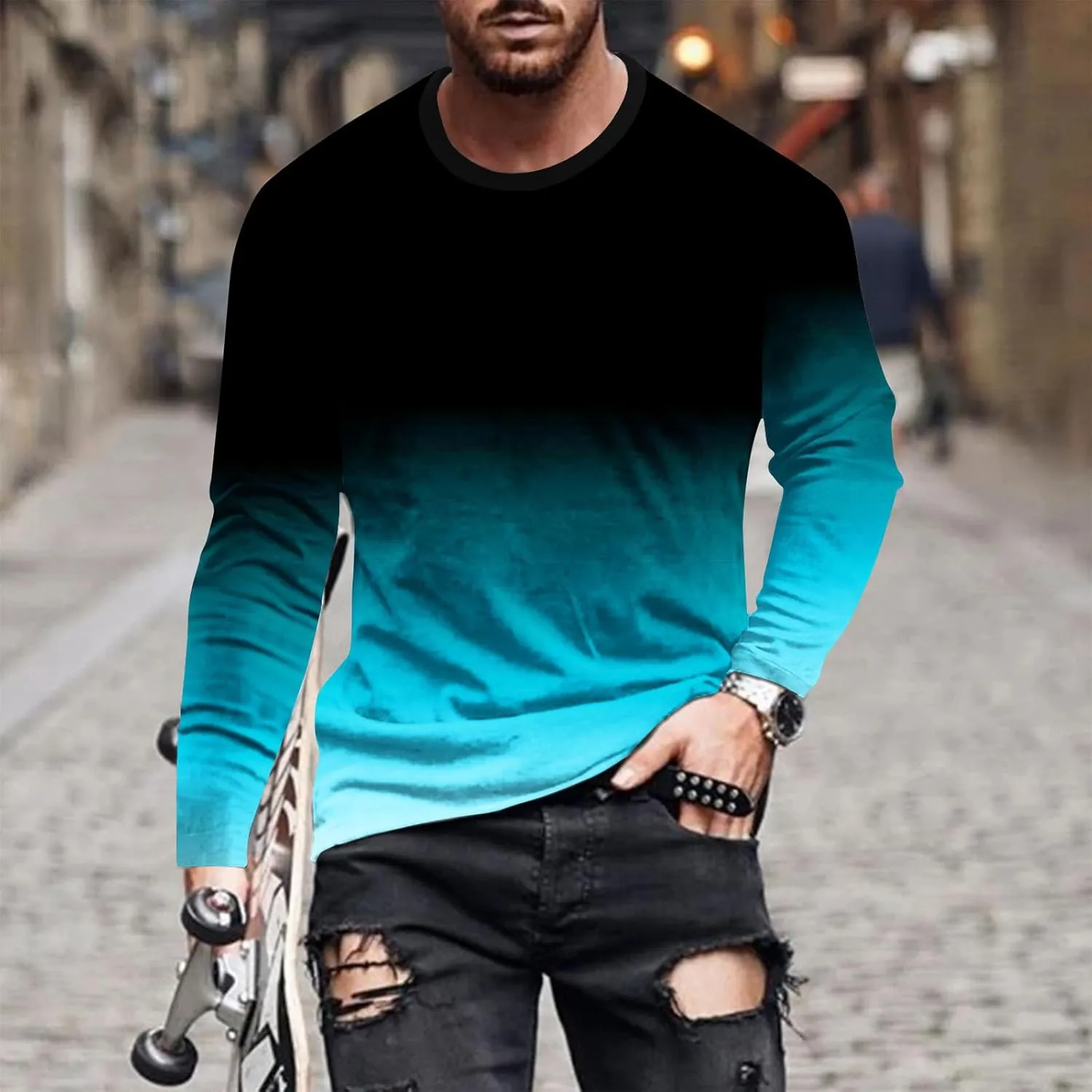 Muscularfit Mens Long Sleeve Shirts Casual Gradient Color Loose Pullover Graphic Tee Shirts Fall Fashion Athletic Sweatshirts