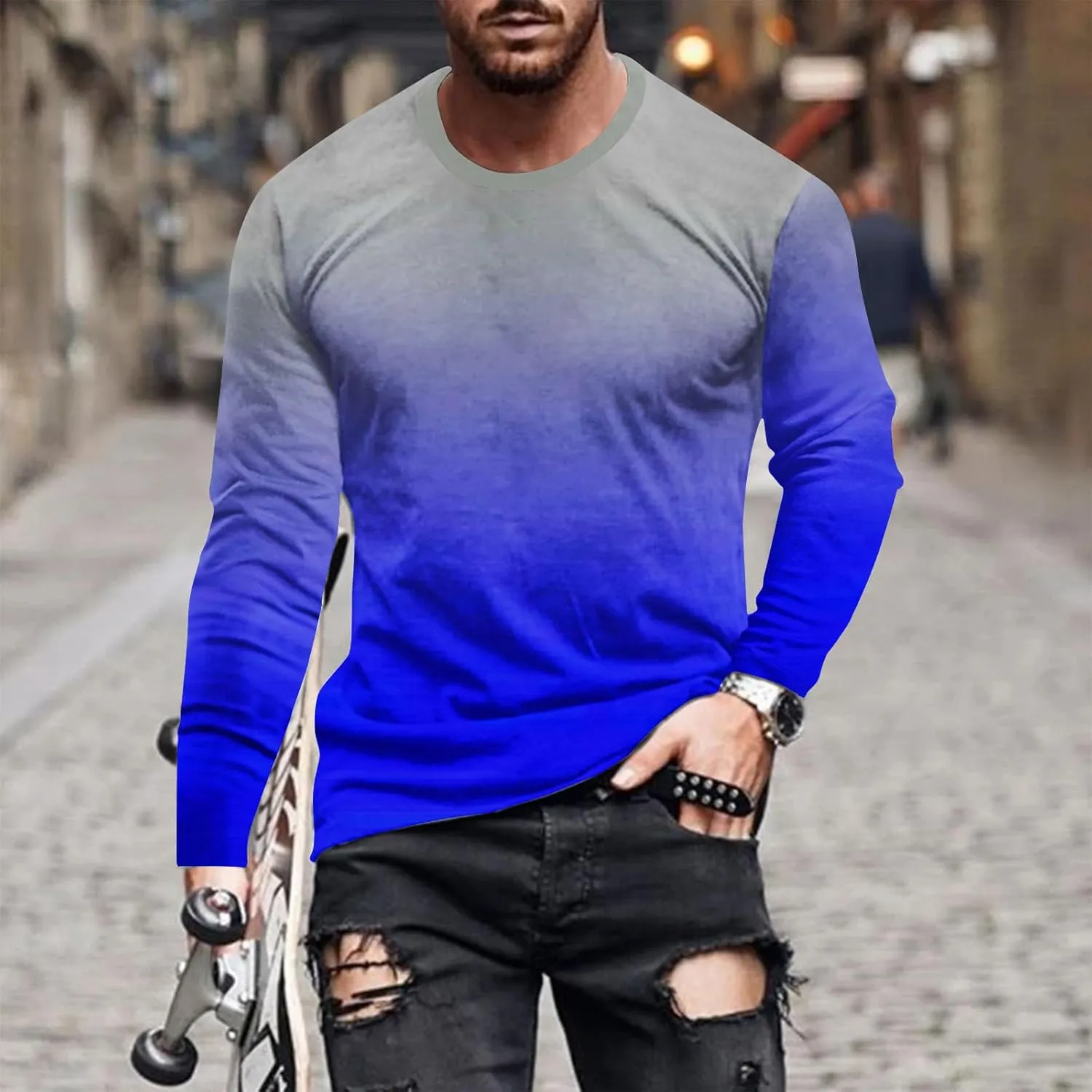 Muscularfit Mens Long Sleeve Shirts Casual Gradient Color Loose Pullover Graphic Tee Shirts Fall Fashion Athletic Sweatshirts