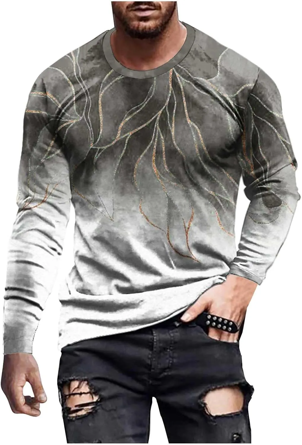 Muscularfit Mens Shirts Casual Big and Tall Long Sleeve Crewneck Sweatshirt Loose Marble Print Graphic Tee Shirt Fall Clothes