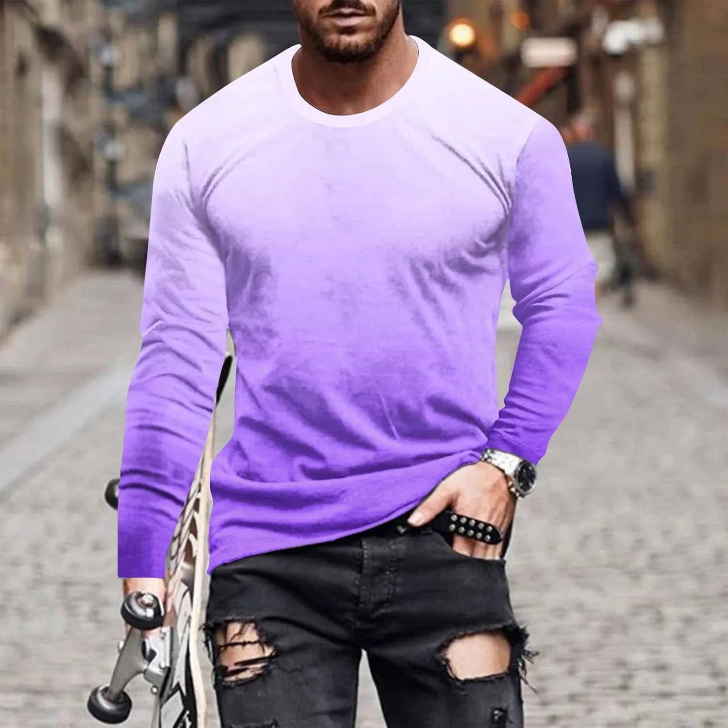 Muscularfit Mens Shirts Casual Stylish Long Sleeve Gradient Color Crewneck Sweatshirts Big and Tall Athletic Gym Workout Tee