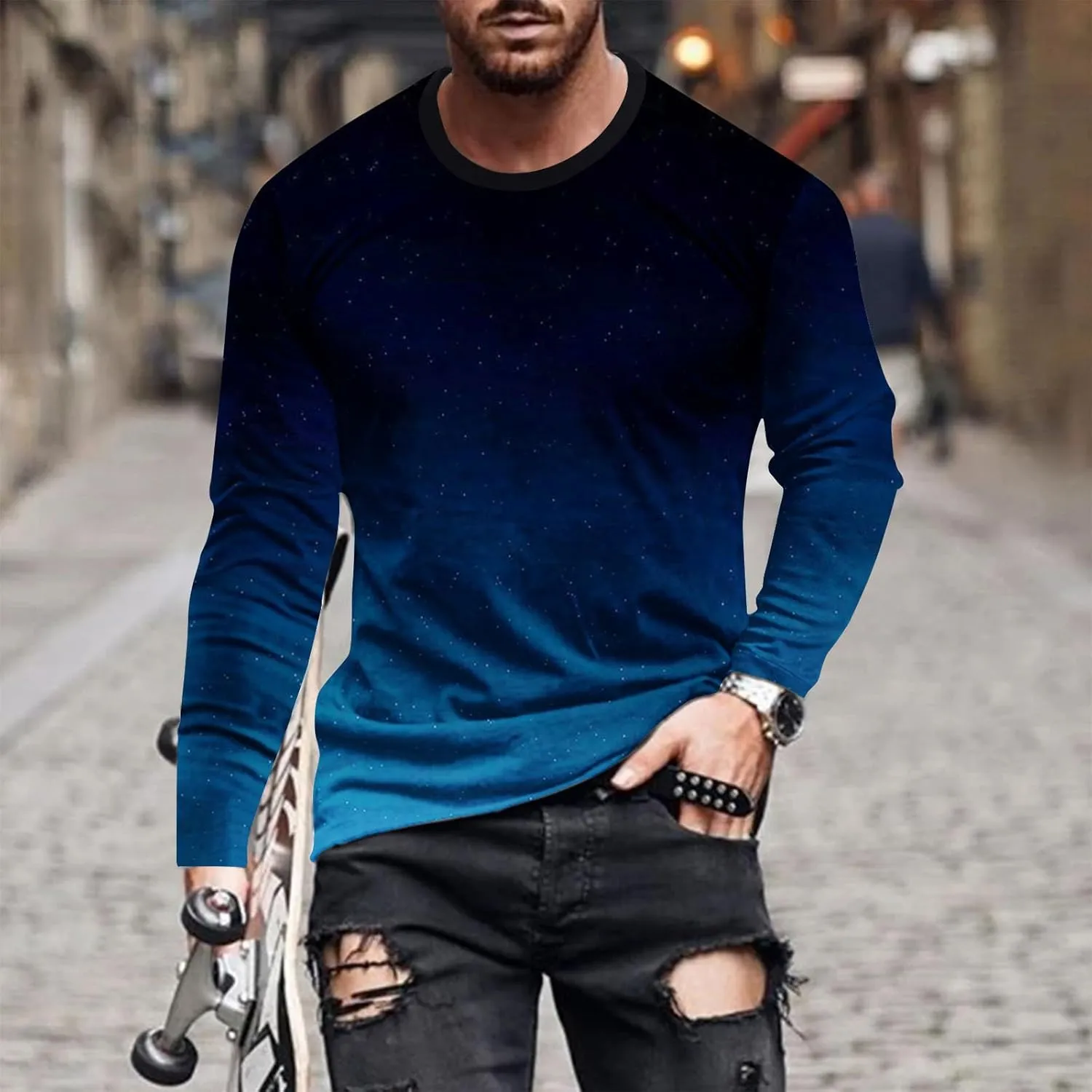 Muscularfit Mens Shirts Casual Stylish Long Sleeve Gradient Color Crewneck Sweatshirts Big and Tall Athletic Gym Workout Tee