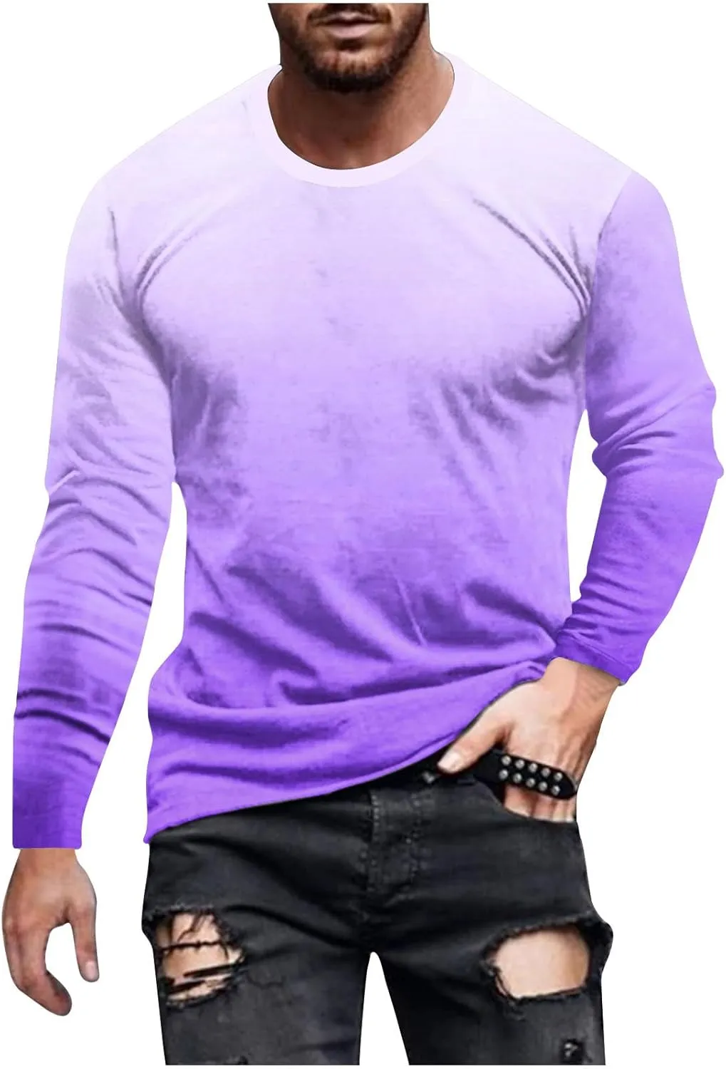 Muscularfit Mens Shirts Casual Stylish Long Sleeve Gradient Color Crewneck Sweatshirts Big and Tall Athletic Gym Workout Tee